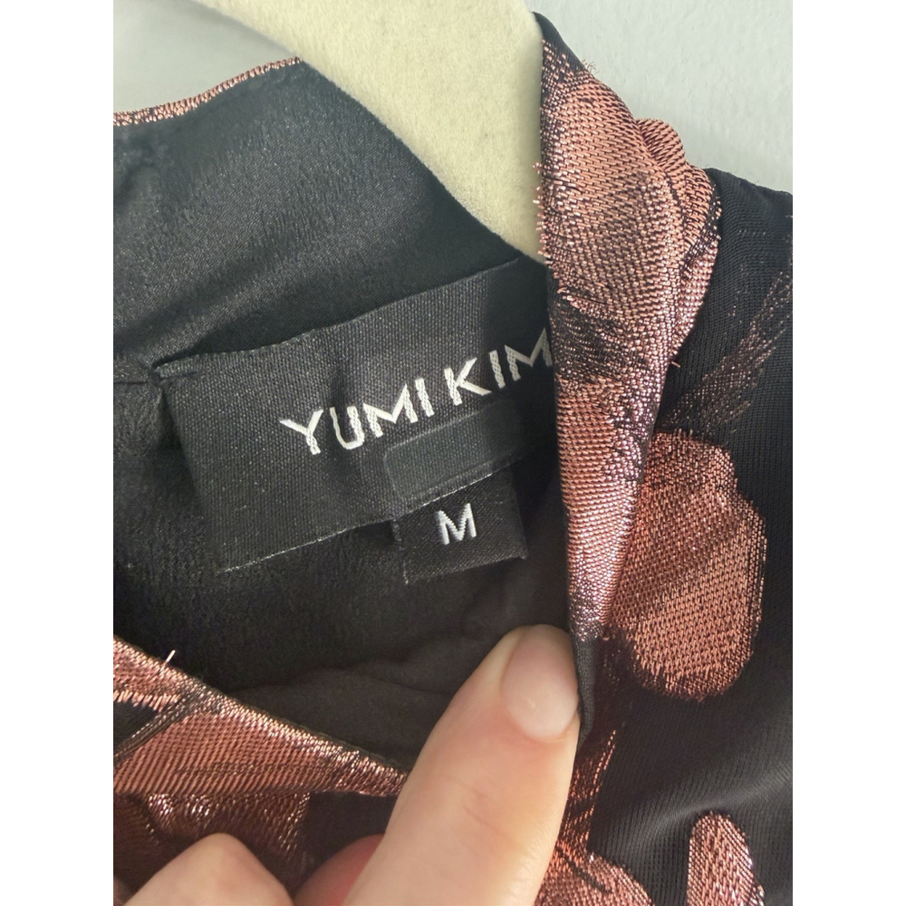 Yumi Kim Black Chiffon Rose Gold Metallic Floral Print Mock Neck Maxi Dress Med - Picture 2 of 9